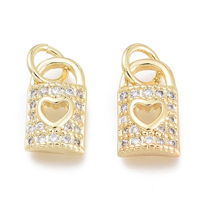 Brass Micro Pave Clear Cubic Zirconia Charms, with Jump Rings, Long-Lasting Plated, Lock with Heart