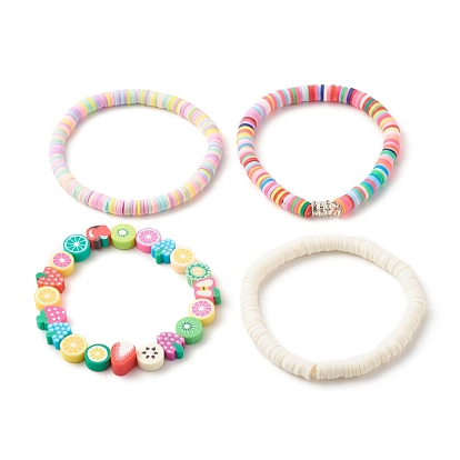 4pcs 4 style hanamade polymère argile heishi surfeur ensemble de bracelets extensibles, bracelets preppy aux fruits pour femmes