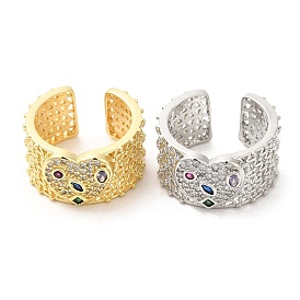 Rack Plating Brass Hollow Open Cuff Rings, Colorful Cubic Zirconia Heart Ring