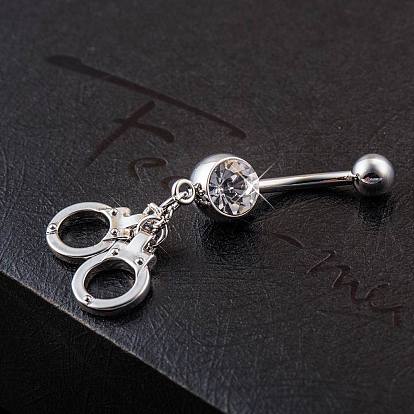 Bijoux piercing réel plaqué platine laiton strass menottes nombril anneau ventre anneaux, 43x9mm