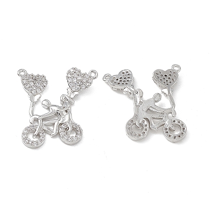 Brass Micro Pave Cubic Zirconia 2-Loop Pendants, Bicycle & Lover & Heart Charm for Valentine's Day