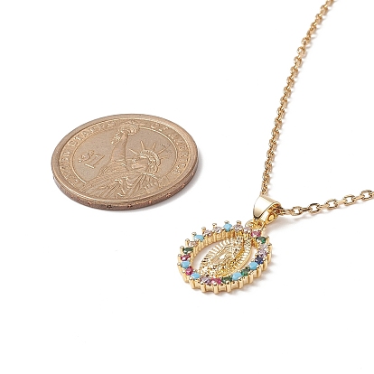 Colorful Cubic Zirconia Oval with Virgin Mary Pendant Necklace, Brass Jewelry for Women