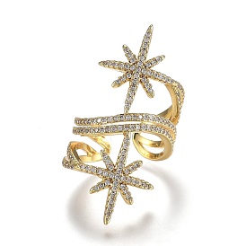 Adjustable Brass Micro Pave Clear Cubic Zirconia Cuff Rings, Open Rings, Wide Band Rings, Long-Lasting Plated, Star