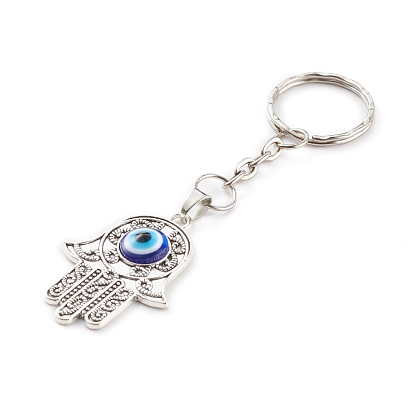 Alloy Enamel Keychain, with Iron Split Key Rings, Hamsa Hand with Evil Eye, Blue