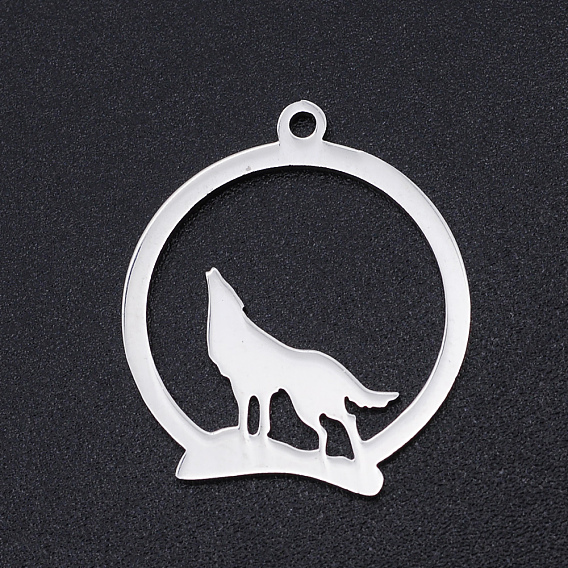 201 Stainless Steel Pendants, Howling Wolf Pendants, Ring with Wolf