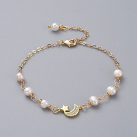 Natural Pearl Link Bracelets, with Brass Micro Pave Cubic Zirconia Link, Brass Cable Chains and Lobster Claw Clasps, with Cardboard Packing Box, Moon and Star