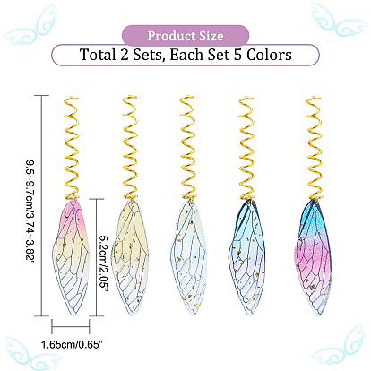 Nbeads 2 Sets 5 Colors Transparent Epoxy Resin Big Pendants, with Golden Tone Copper Wire, Wing