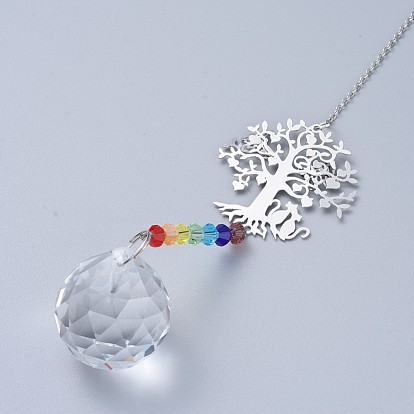 Cristal lustre suncatchers prismes chakra pendentif suspendu, avec des chaînes de câble de fer, perles de verre et pendentifs en laiton, arbre avec rond