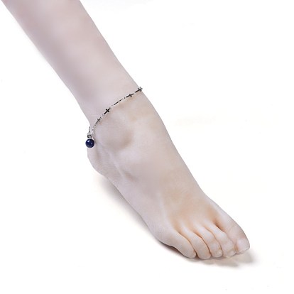 304 Stainless Steel Cross Link Anklets, with Mixed Stone Pendants and Lobster Claw Clasps