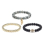 3Pcs 3 Style Natural & Synthetic Mixed Gemstone Round Beaded Stretch Bracelets Set, Golden 316 Surgical Stainless Steel Wing Charms Stackable Bracelets for Women