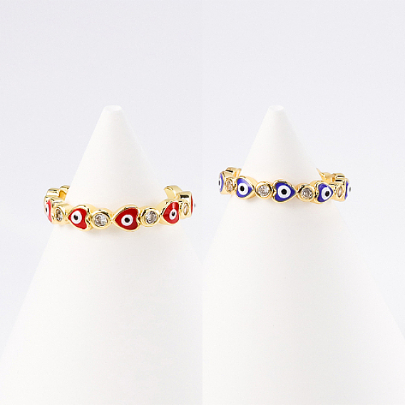 Brass Micro Pave Cubic Zirconia Open Cuff Rings with Enamel, Heart with Evil Eye