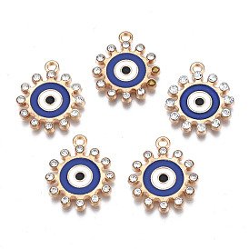 Alloy Enamel Pendants, with Crystal Rhinestone, Light Gold, Cadmium Free & Lead Free, Flower with Evil Eye