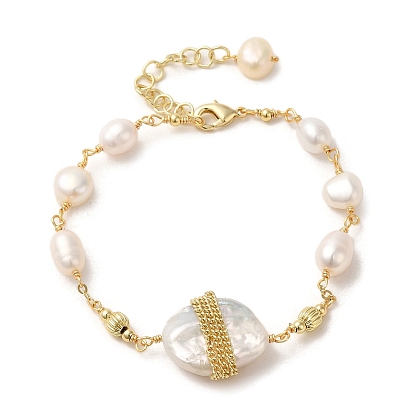 Natural Pearl Link Bracelets, with Brass Chains