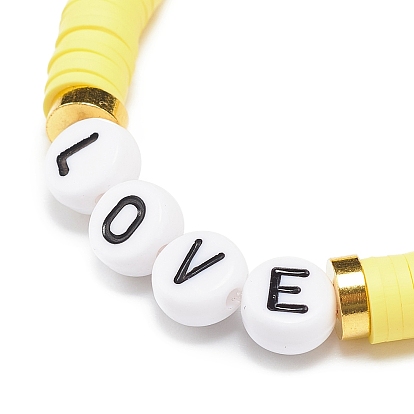 15 pcs 5 ensemble de bracelets extensibles heishi surfeur en argile polymère de style, mots acryliques amour et coeur en laiton bracelets preppy pour femmes