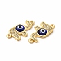 Rack Plating Real 18K Gold Plated Brass Micro Pave Clear Cubic Zirconia Connector Charms, Elephant with Evil Eye Links, with Handmade Lampwork, Cadmium Free & Lead Free, Long-Lasting