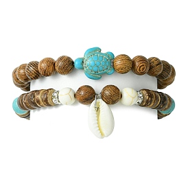 2Pcs 2 Style Synthetic Turquoise Tortoise & Natural Coconut Stretch Bracelets Set, Natural Shell Charms Stackable Bracelets