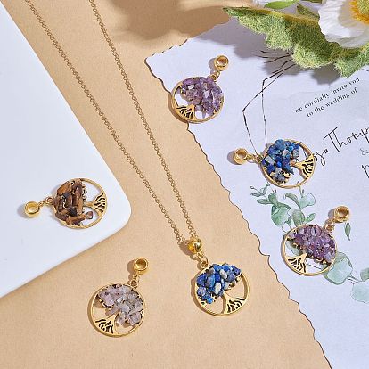 20Pcs 4 Styles Natural Mixed Stone Chip European Dangle Charms, Large Hole Pendant, Natural Amethyst & Lapis Lazuli & Tiger Eye & Rose Quartz, with Alloy Findings, Flat Round with Tree of Life