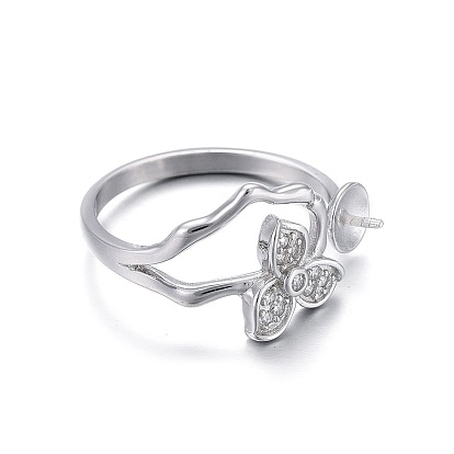 925 anillos de plata de ley, componentes de anillos abiertos, por medio perforó perlas, con circonita, flor