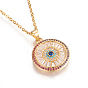 304 Stainless Steel Pendant Necklaces, with Brass Cubic Zirconia Pendants, Flat Round with Eye