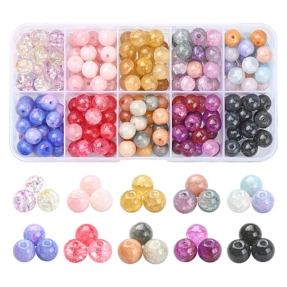 220Pcs 10 Colors Transparent Crackle Glass Beads Strands, Dyed & Heated, Round