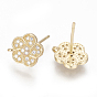 Brass Stud Earring Findings, with Cubic Zirconia and Loop, Flower, Clear