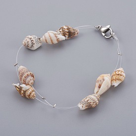 Perles de coquille en spirale tressé bracelets de perles, avec fil en nylon et acier inoxydable