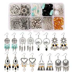 DIY Woven Net with Feather Chandelier Earring Making Kit, Including Alloy Pendant & Beads & Earring Hooks, with Rhinestone & Resin