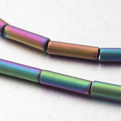 Electroplate Non-magnetic Synthetic Hematite Bead Strands, Frosted, Tube, 8x2mm, Hole: 1mm, about 50pcs/strand, 15.7 inch