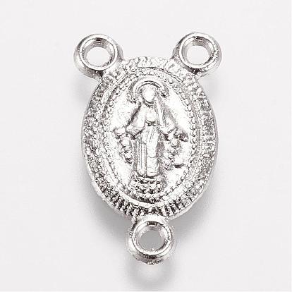 Enlaces de componente araña de aleación de estilo tibetano, 3 conectores de anillo, piezas centrales del rosario, oval con virgen maría