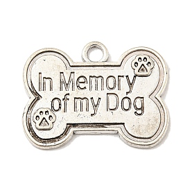 Tibetan Style Alloy Pendants, Bone Shape Charms, with Word In Memory Of My Dog
