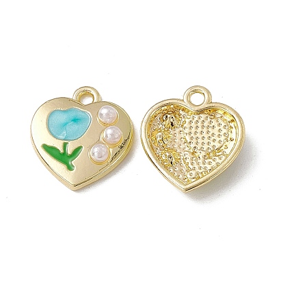 Colgantes de perlas de imitación de plástico abs, con fornituras de aleación dorada y esmalte, encanto de corazón con flor