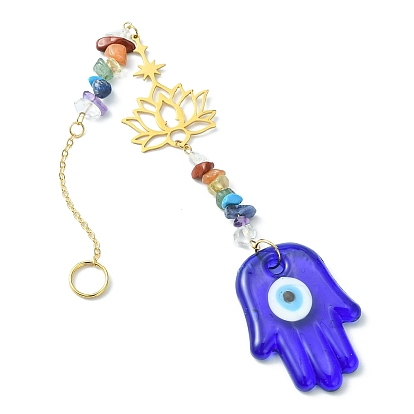 Gemstone Chip Beaded Pendant Decorations, with Evil Eye Lampwork and 201 Stainless Steel Lotus Hanging Ornaments, Star/Teardrop/Flat Round/Hamsa Hand