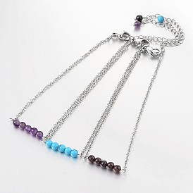 Perles rondes de pierres précieuses bracelets de cheville, avec des chaînes en acier inoxydable et mousquetons, 220x2mm