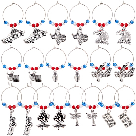 BENECREAT 20Pcs 10 Styles National Flag & Dollar Bills & Eagle & Rose Alloy Dangle Wine Glass Charms with Glass Pearl, Brass Hoop Earrings