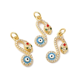 Rack Plating Brass Micro Pave Cubic Zirconia Pendants, with Jump Ring and Enamel, Lead Free & Cadmium Free, Snake with Evil Eye Charm, Real 18K Gold Plated