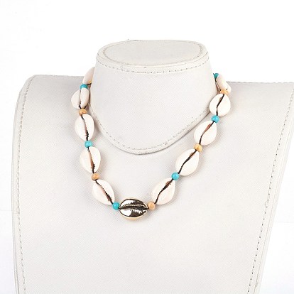 Colliers de cauris ajustables et colliers de perles synthétiques turquoises, avec des perles de coquillage et des perles de bois galvanisées, corde de nylon