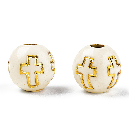 Perles acryliques plaquées, métal doré enlaça, ronde avec la croix