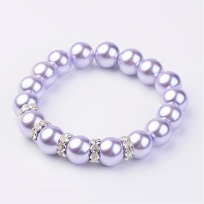 Bracelets élastiques en perles de verre, avec des perles d'entretoise en laiton strass, couleur argent plaqué