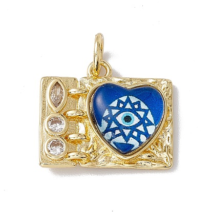 Brass Micro Pave Clear Cubic Zirconia Pendants, Rectangle with Heart Charm, with Eye Resin and Jump Rings, Lead Free & Cadmium Free, Real 18K Gold Plated