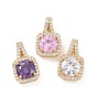Brass Micro Pave Cubic Zirconia Pendants, Real 18K Gold Plated, Square Charms