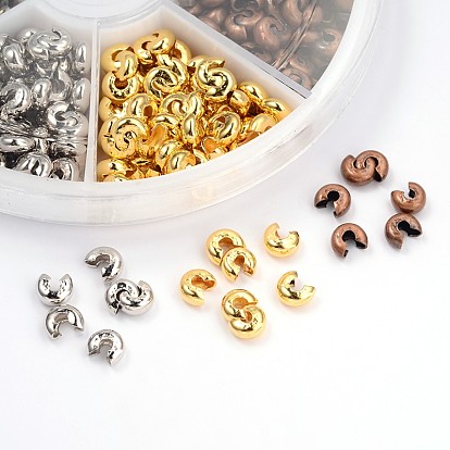 6 Color Brass Crimp Beads Covers, Nickel Free, 4mm, Hole: 1.5mm, about 75pcs/compartment, 450pcs/box