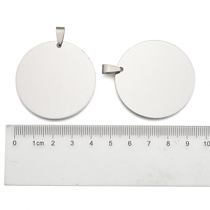 201 pendentifs d'étiquettes vierges rondes plates en acier inoxydable, avec bélières snap on, 42x42x1mm, Trou: 3mm