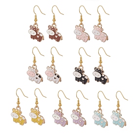 7 Pair 7 Color Alloy Enamel Cow Dangle Earrings, Golden Brass Jewelry for Women