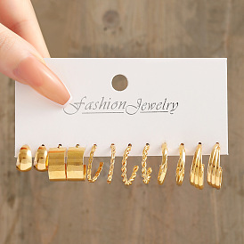 Gold C-shaped Ear Cuffs with Diamond Inlay and Chain - Set of 6, European Style