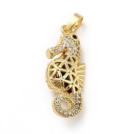 Brass Micro Pave Cubic Zirconia Pendants, Long-Lasting Plated, Real 18K Gold Plated, Sea Horse