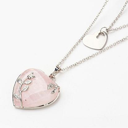 316 Surgical Stainless Steel Cable Chains Tiered Necklaces, Double Layer Necklaces, with Rose Quartz Pendant and 304 Stainless Steel Heart Charms