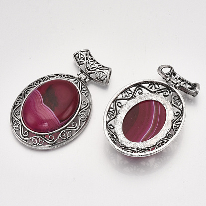 Gemstones Big Pendants, with Alloy Findings, Oval, Antique Silver