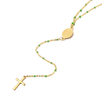 Lariat ожерелья, с латунной эмалированной кабельной цепью, 304 подвески из нержавеющей стали и застежки из лобстера, крестик, Овальный со святым бенедиктом