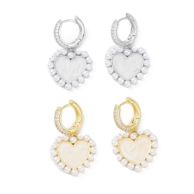 Heart Rack Plating Brass Cubic Zirconia Hoop Earrings with Plastic Pearl Beads, Long-Lasting Plated Dangle Earrings for Women, Lead Free & Cadmium Free