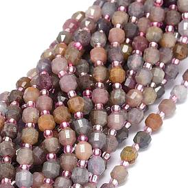 Natural Ruby Beads Strands, with Seed Beads, Faceted, Bicone, Double Terminated Point Prism Beads